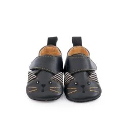 Moulin Roty Black Cat Leather Slippers - Les Moustaches