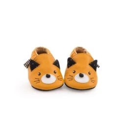Moulin Roty Yellow Cat Leather Slippers - Les Moustaches